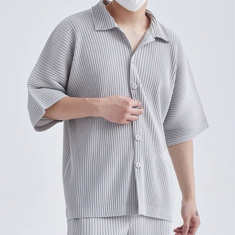 Japanese Miyake-style pleated short-sleeved shirt JJ122 pressed pleats draped lapels loose casual jacket men's summer