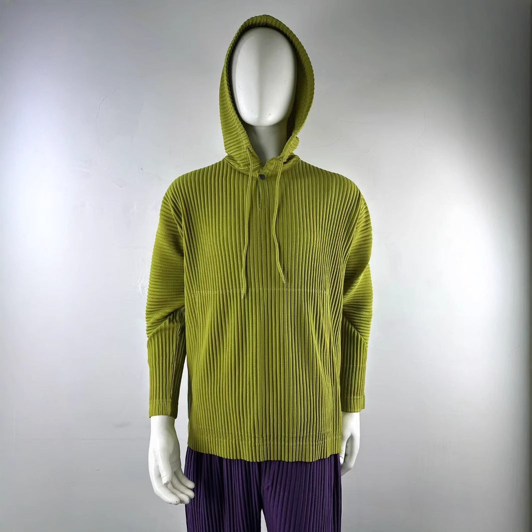 Japanese Miyake style classic pleated JK110 hooded sweatshirt loose casual simple drawstring pullover hoodie menswear