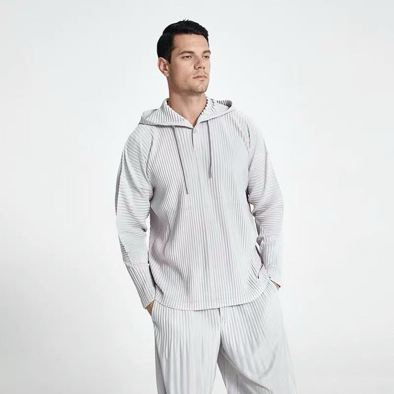 Japanese Miyake style classic pleated JK110 hooded sweatshirt loose casual simple drawstring pullover hoodie menswear