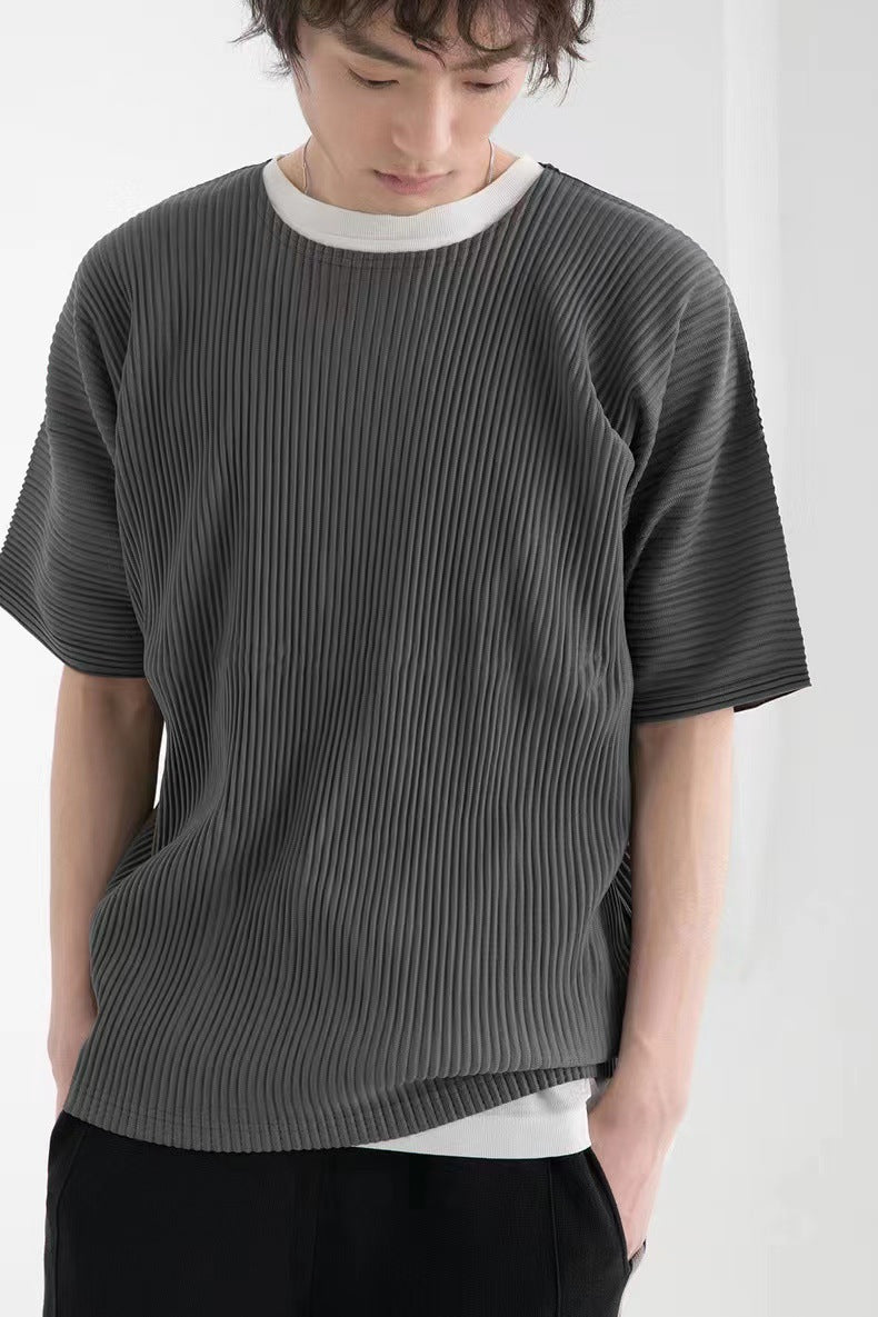 Miyake Garage pleated men's crew neck short sleeve top loose casual five-quarter sleeve solid color summer T-shirt JK020