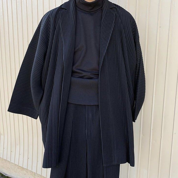 Japanese Miyake style pleats JD202 autumn and winter casual drape mid-length suit trench coat men's trend