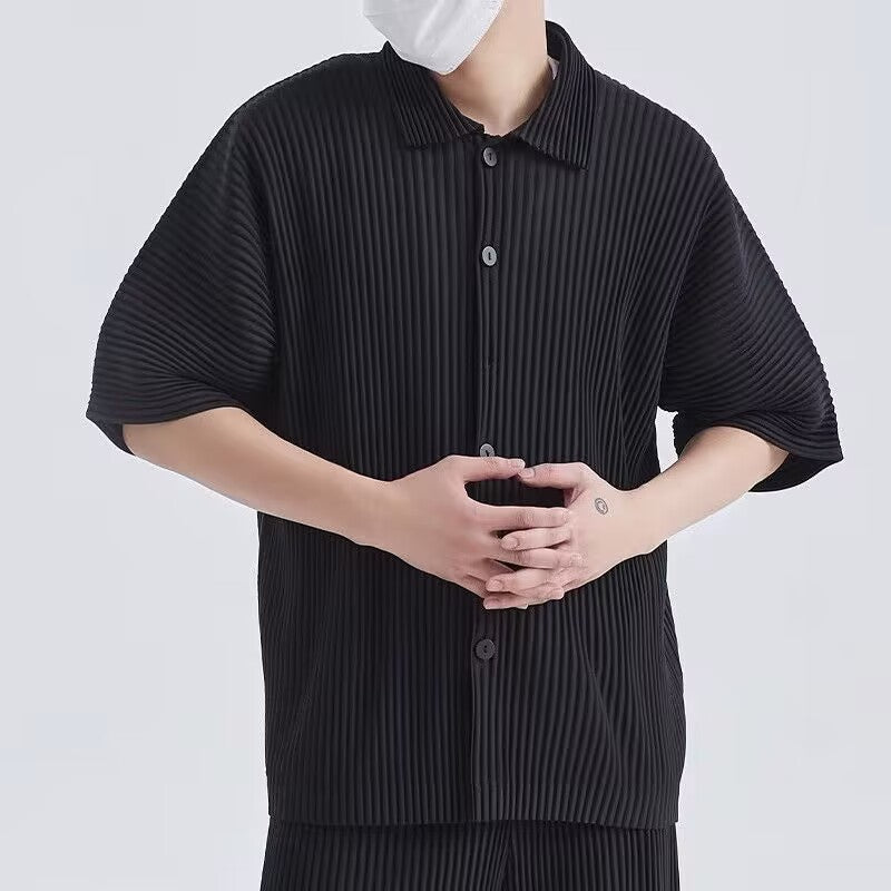 Japanese Miyake-style pleated short-sleeved shirt JJ122 pressed pleats draped lapels loose casual jacket men's summer