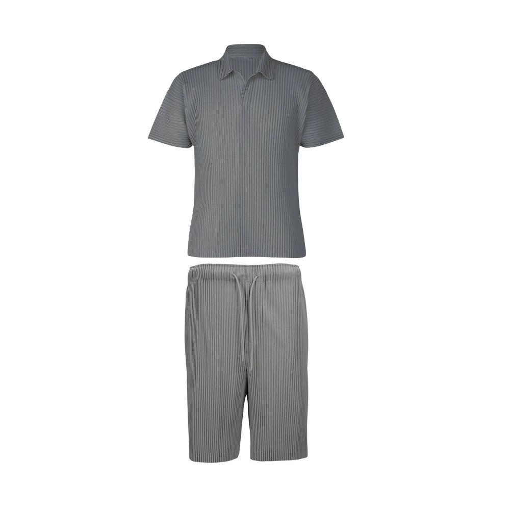 Men’s Wrinkle-Free Pleated Polo & Shorts Set – Inspired by Japanese Minimalist Design