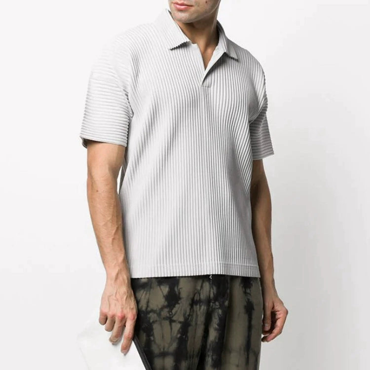 Men’s Pleated Polo Shirt — Miyake-Inspired Minimalist Design, Luxurious Texture, Breathable & Stretchy