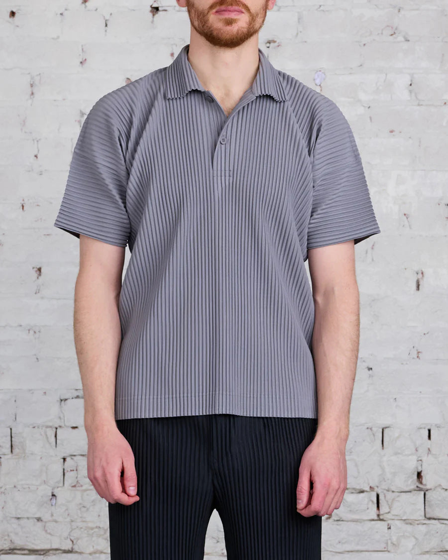 Miyake Wark Pleated Men's Press-Pleated Polo Shirt Short Sleeve Summer Lapel Button Side Fork T-Shirt Top JM193