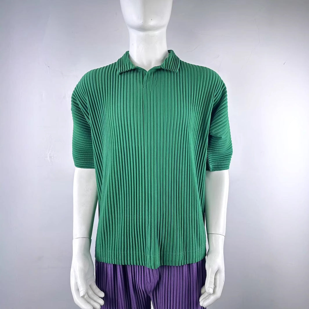 Miyakemen's pleated polo shirt men's short sleeve pressed pleated lapels summer breathable loose casual solid color JM030