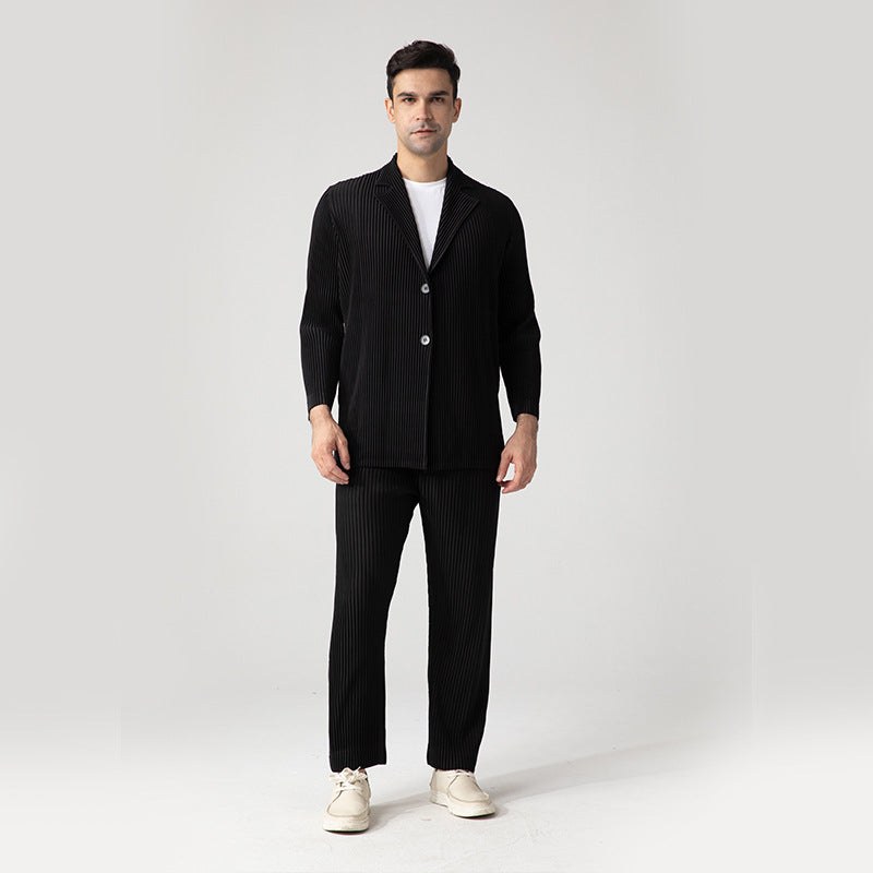 Casual blazer men's 2023 spring and autumn pleats, black gray suit, high-end pleats, loose drapes, simple