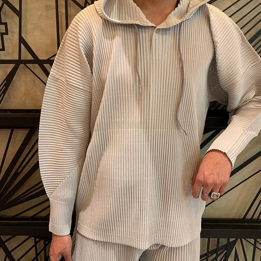 Japan Miyake classic pleated JK110 hooded sweatshirt loose casual simple drawstring pullover hoody men