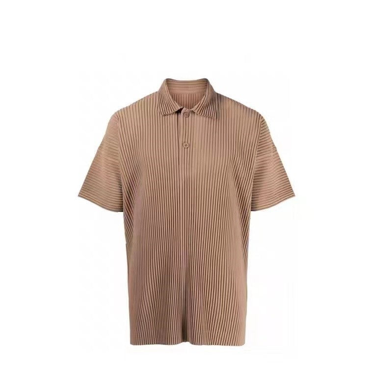 Miyakemen's pleated polo shirt men's short sleeve pressed pleated lapels summer breathable loose casual solid color JM030