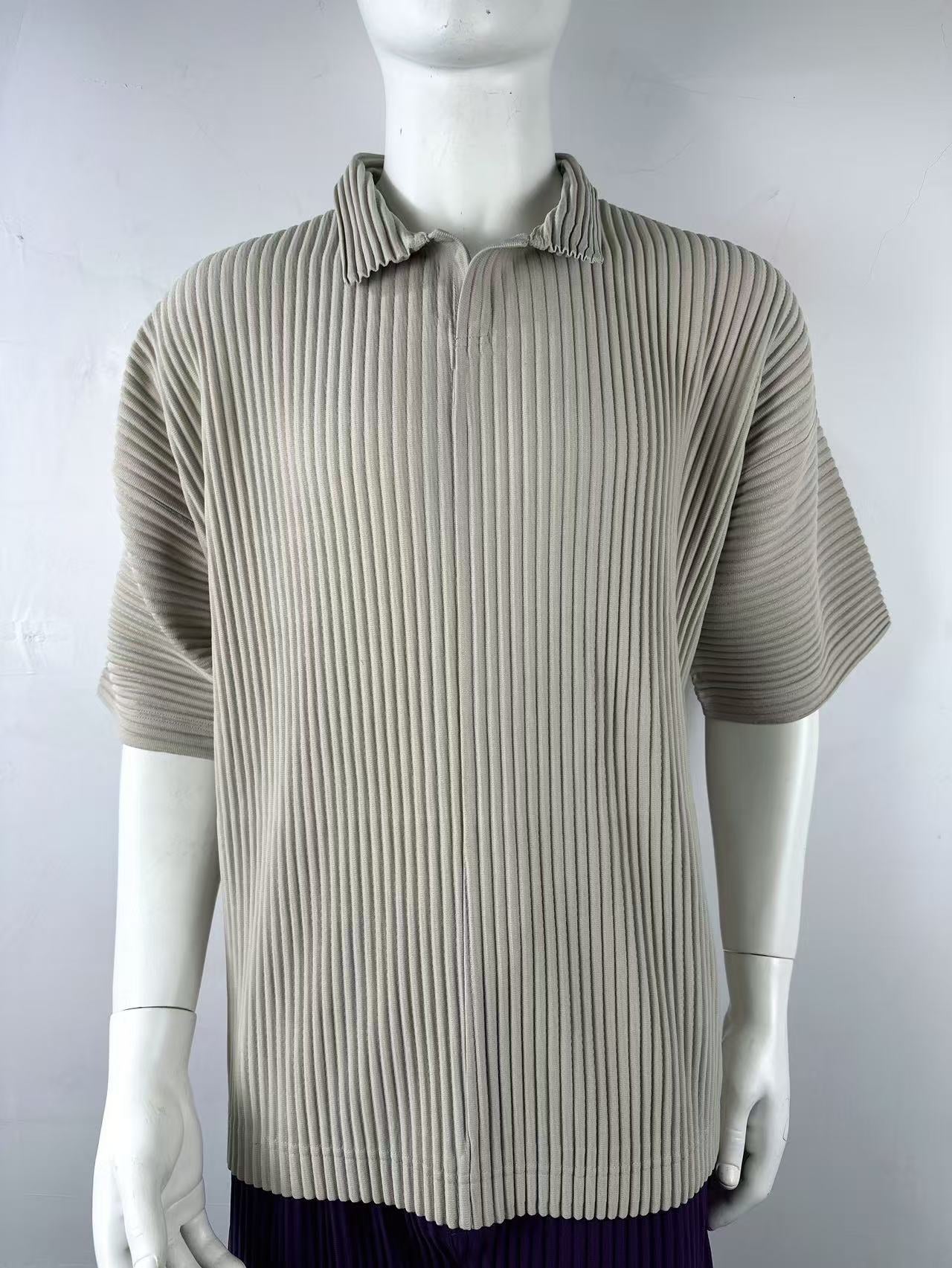 Miyakemen's pleated polo shirt men's short sleeve pressed pleated lapels summer breathable loose casual solid color JM030