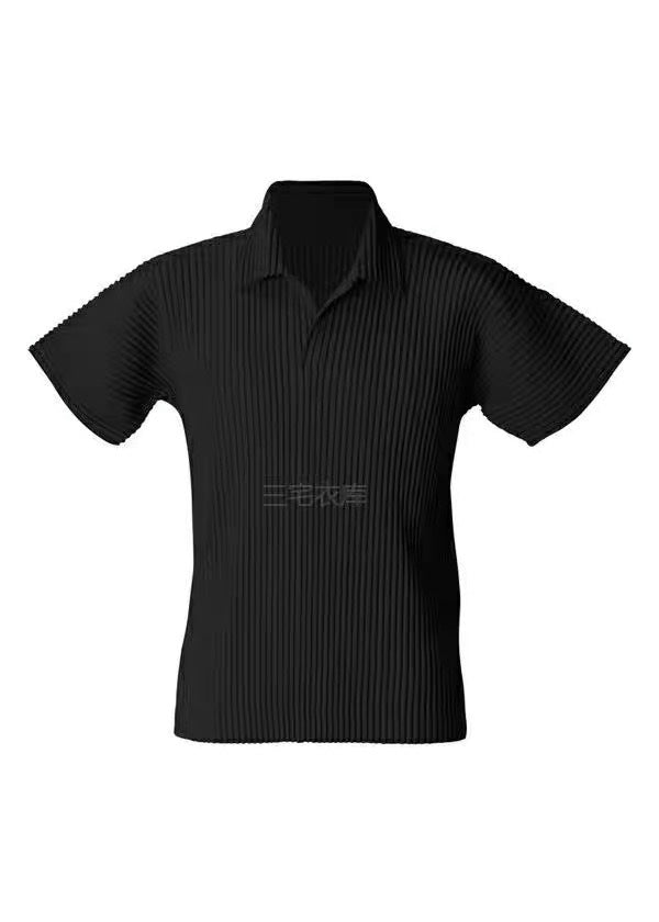 Miyakemen's pleated polo shirt men's short sleeve pressed pleated lapels summer breathable loose casual solid color JM030