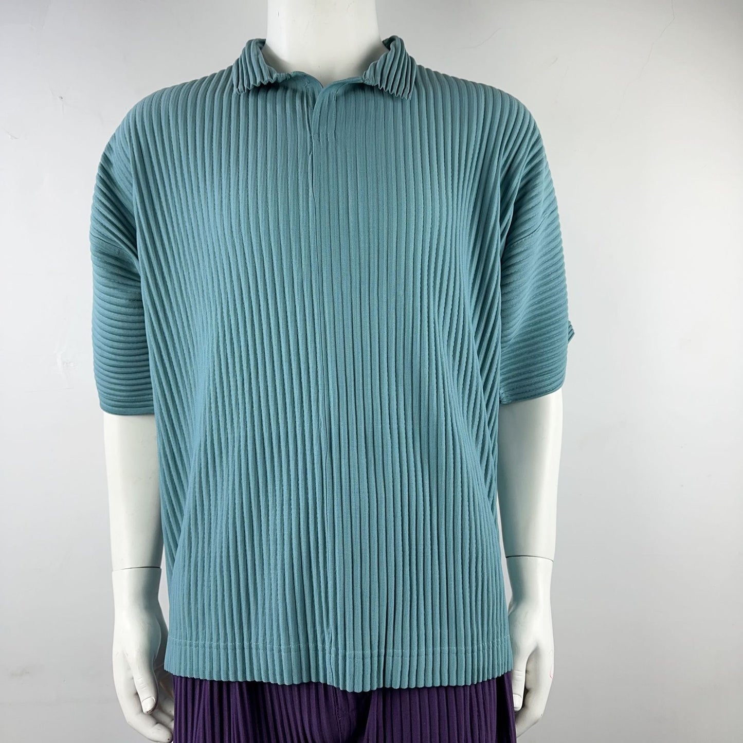Miyakemen's pleated polo shirt men's short sleeve pressed pleated lapels summer breathable loose casual solid color JM030