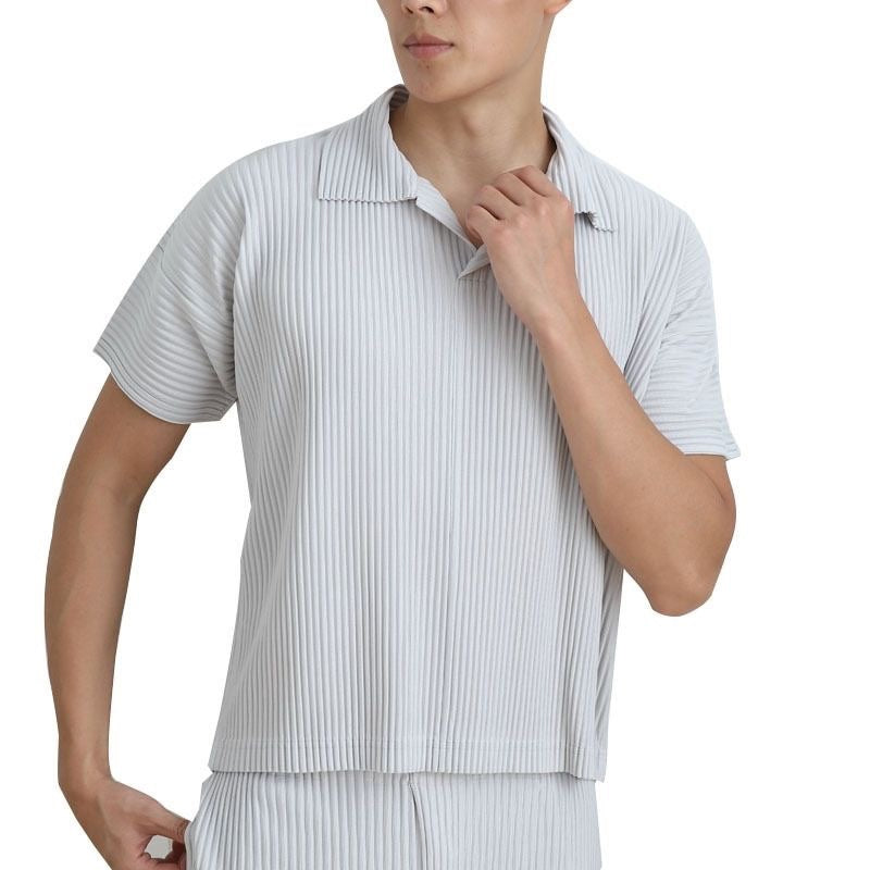 Miyakemen's pleated polo shirt men's short sleeve pressed pleated lapels summer breathable loose casual solid color JM030