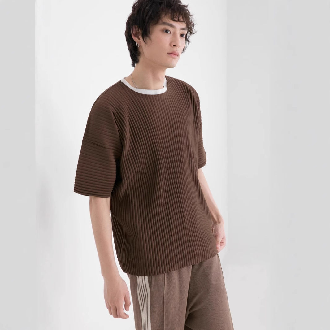 Miyake Garage pleated men's crew neck short sleeve top loose casual five-quarter sleeve solid color summer T-shirt JK020