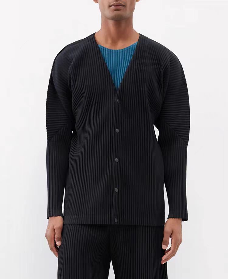 Miyake wardrobe pleated collarless cardigan jacket autumn casual texture men's V-neck jacket top JL141