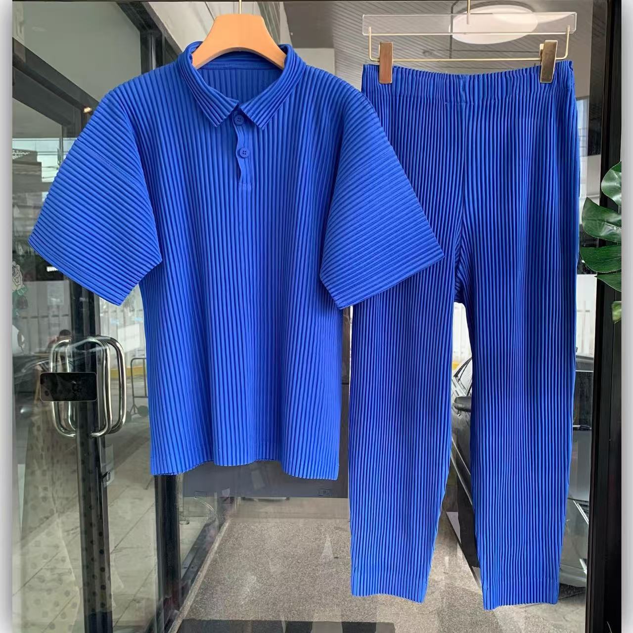 Miyakemen's pleated polo shirt men's short sleeve pressed pleated lapels summer breathable loose casual solid color JM030