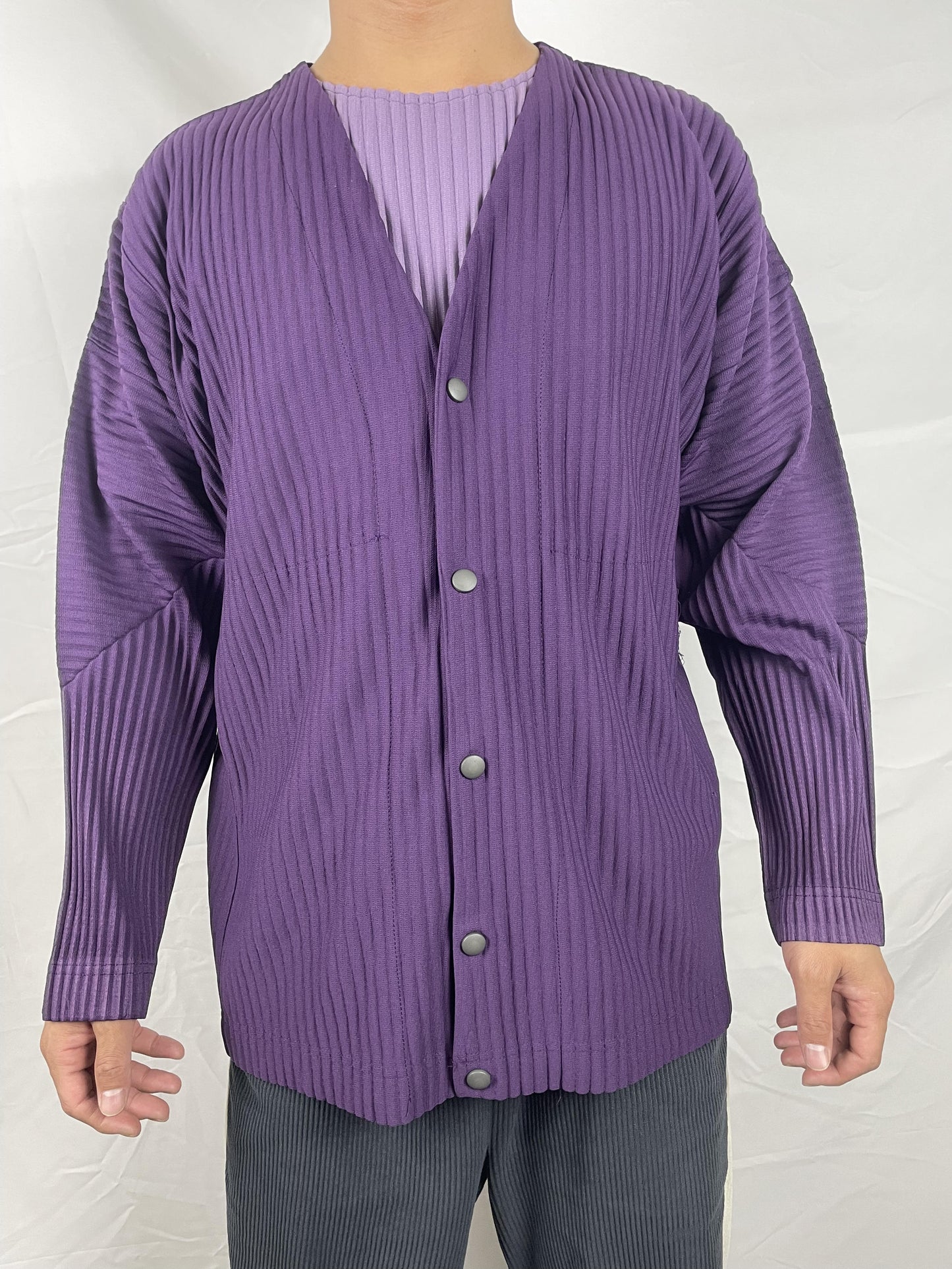 Miyake wardrobe pleated collarless cardigan jacket autumn casual texture men's V-neck jacket top JL141