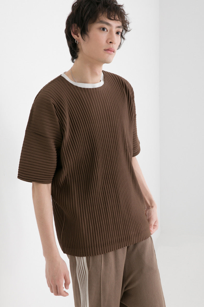 Miyake Garage pleated men's crew neck short sleeve top loose casual five-quarter sleeve solid color summer T-shirt JK020