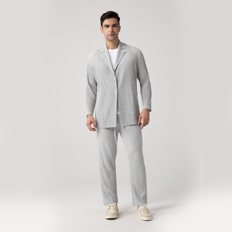 Casual blazer men's 2023 spring and autumn pleats, black gray suit, high-end pleats, loose drapes, simple