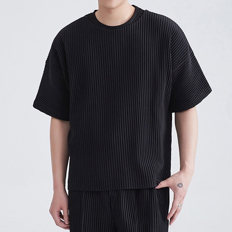 Miyake Garage pleated men's crew neck short sleeve top loose casual five-quarter sleeve solid color summer T-shirt JK020