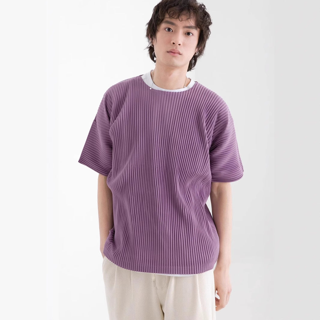 Miyake Garage pleated men's crew neck short sleeve top loose casual five-quarter sleeve solid color summer T-shirt JK020