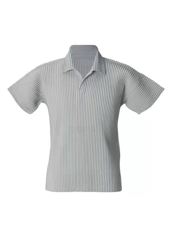 Miyakemen's pleated polo shirt men's short sleeve pressed pleated lapels summer breathable loose casual solid color JM030