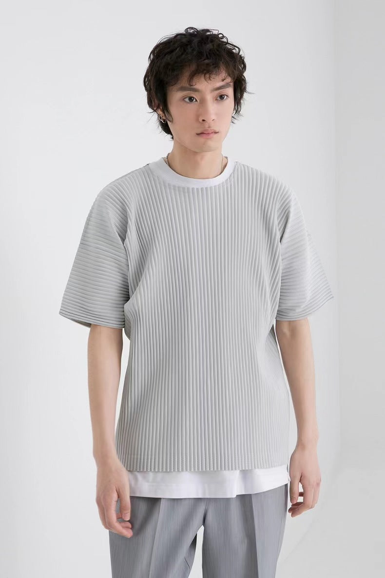 Miyake Garage pleated men's crew neck short sleeve top loose casual five-quarter sleeve solid color summer T-shirt JK020