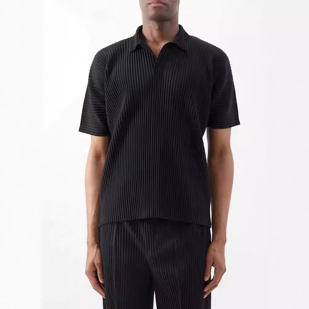 Japanese Miyake-style pleated top JM030 loose lapel versatile casual short sleeve t-shirt polo shirt men's trend