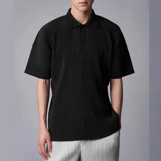 Miyake Wark Pleated Men's Press-Pleated Polo Shirt Short Sleeve Summer Lapel Button Side Fork T-Shirt Top JM193