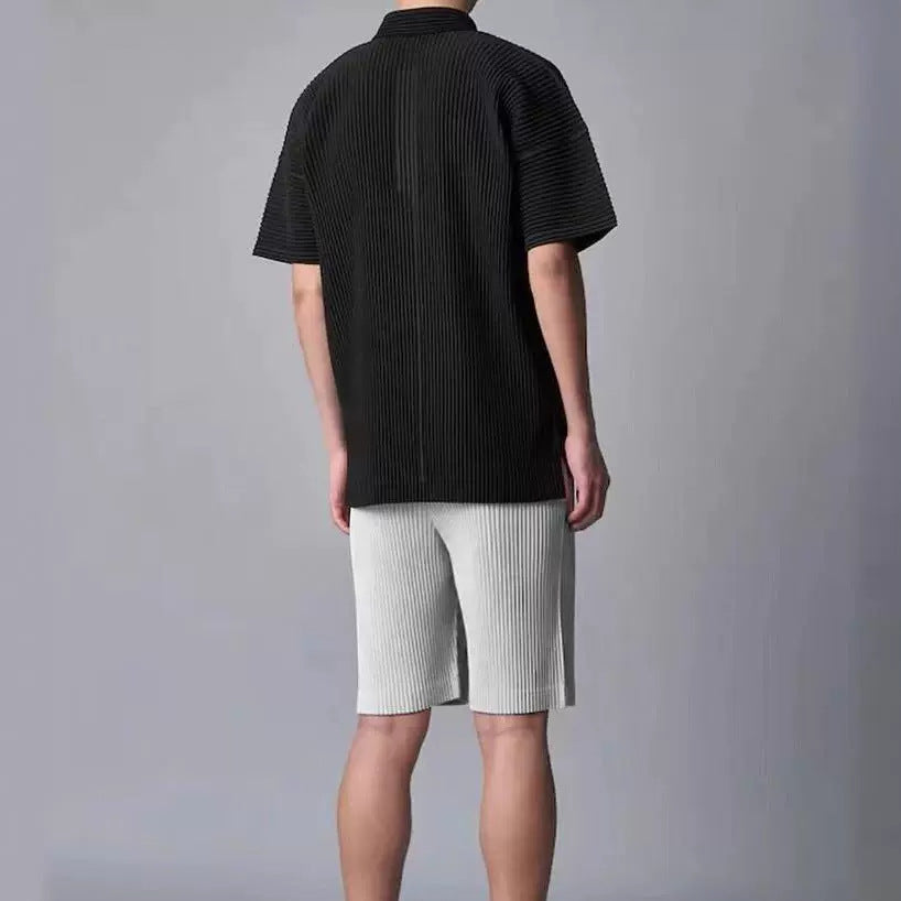 Miyake Wark Pleated Men's Press-Pleated Polo Shirt Short Sleeve Summer Lapel Button Side Fork T-Shirt Top JM193