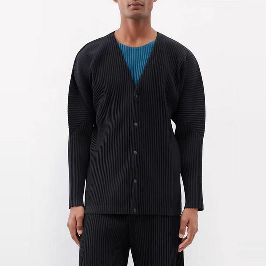 Miyake wardrobe pleated collarless cardigan jacket autumn casual texture men's V-neck jacket top JL141