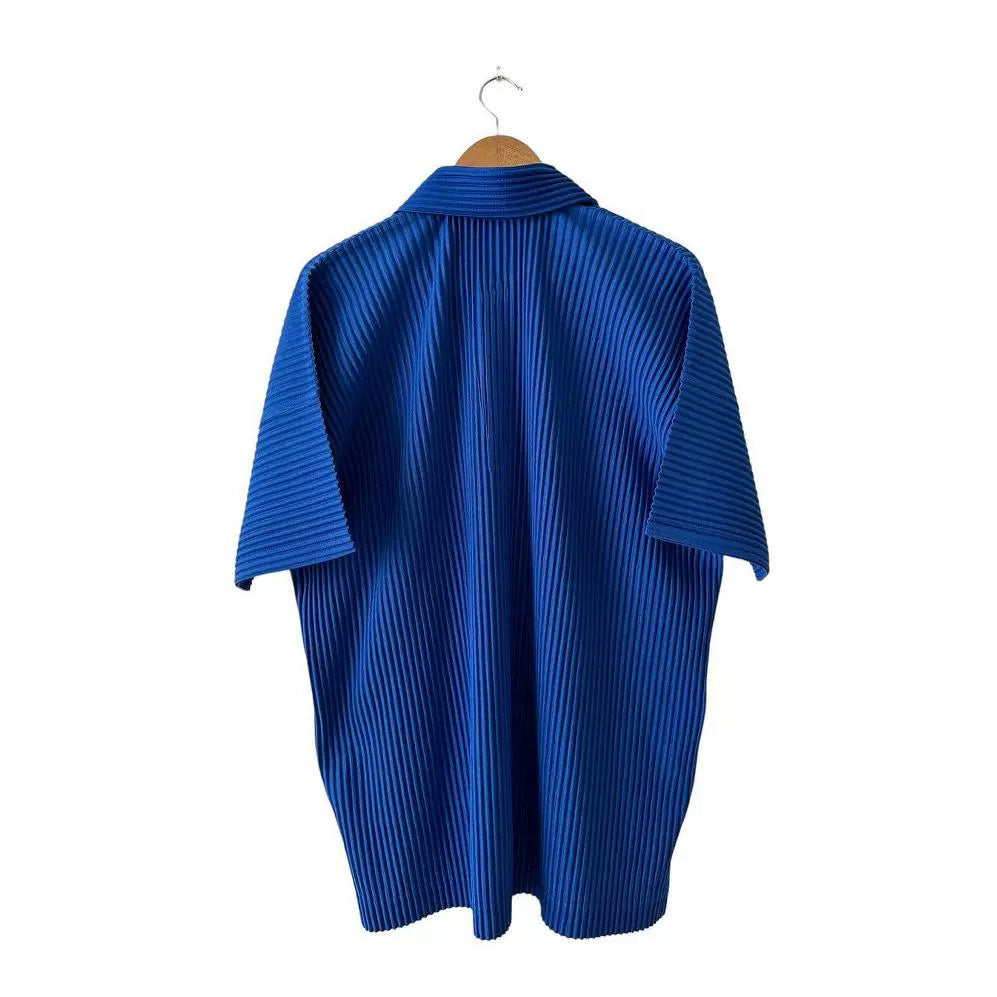Miyake Wark Pleated Men's Press-Pleated Polo Shirt Short Sleeve Summer Lapel Button Side Fork T-Shirt Top JM193