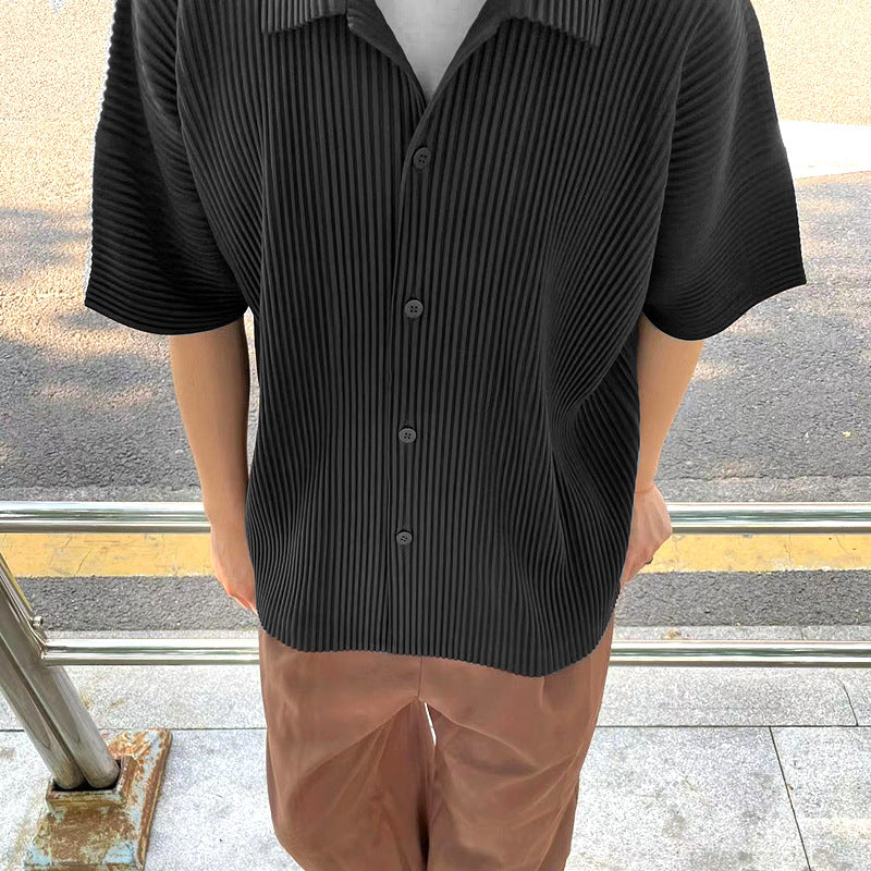 Japanese Miyake-style pleated short-sleeved shirt JJ122 pressed pleats draped lapels loose casual jacket men's summer
