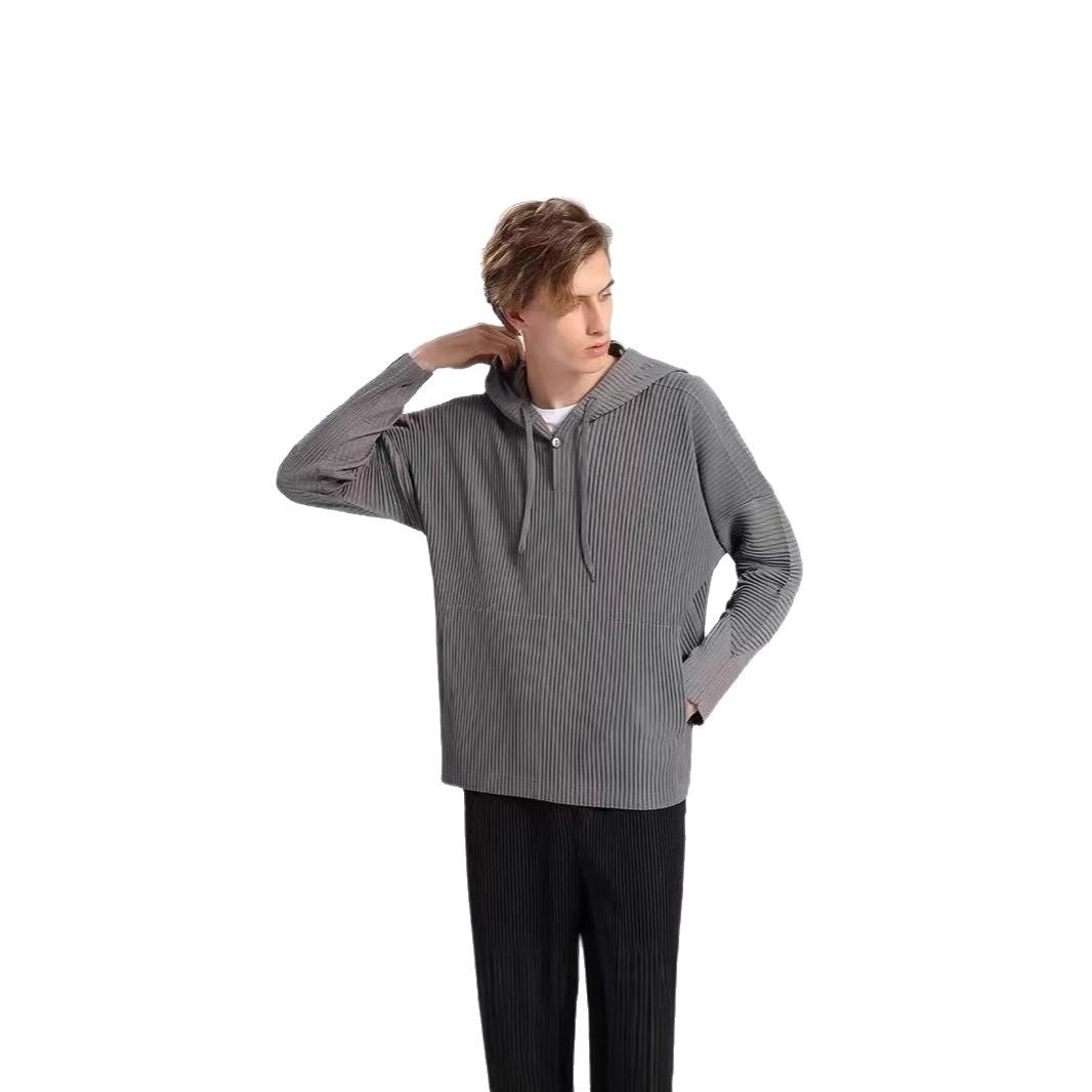 Japanese Miyake style classic pleated JK110 hooded sweatshirt loose casual simple drawstring pullover hoodie menswear