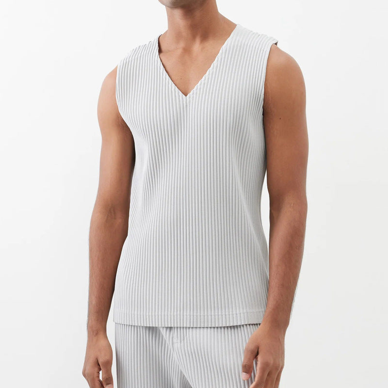 Minimalist series|Premium design Miyake JE410 pleated base shirt V-neck vest vest men's JE310