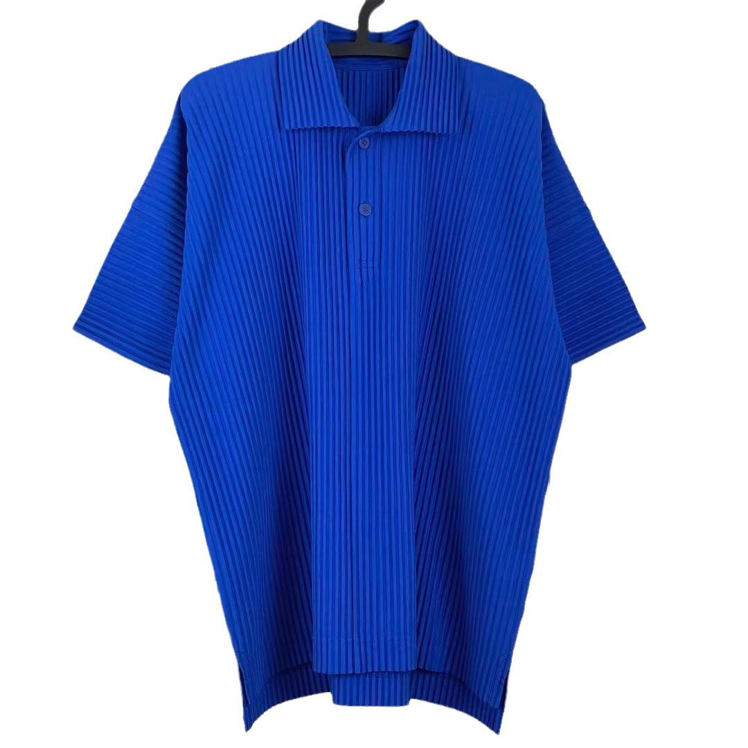 Miyake Wark Pleated Men's Press-Pleated Polo Shirt Short Sleeve Summer Lapel Button Side Fork T-Shirt Top JM193