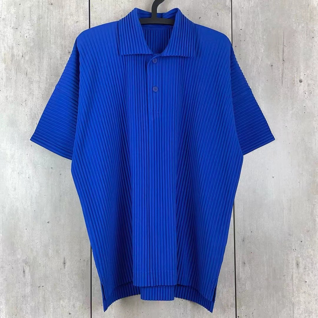 Miyake Wark Pleated Men's Press-Pleated Polo Shirt Short Sleeve Summer Lapel Button Side Fork T-Shirt Top JM193