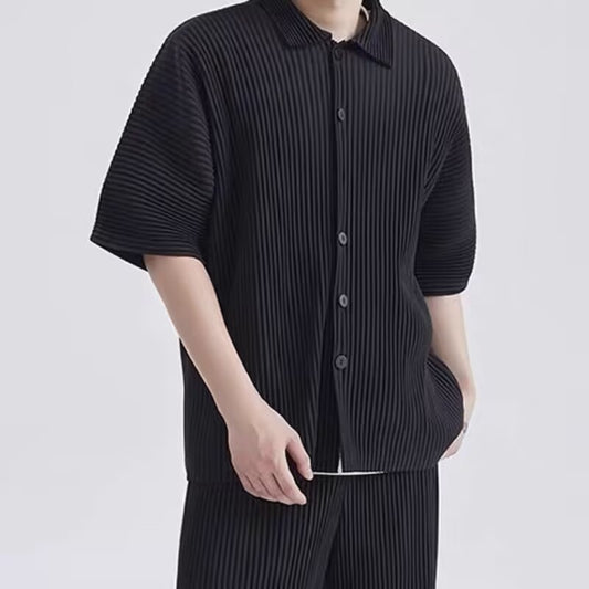 Japanese Miyake-style pleated short-sleeved shirt JJ122 pressed pleats draped lapels loose casual jacket men's summer