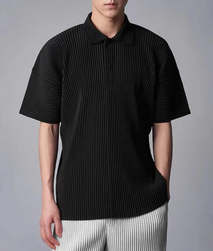 Miyake Wark Pleated Men's Press-Pleated Polo Shirt Short Sleeve Summer Lapel Button Side Fork T-Shirt Top JM193