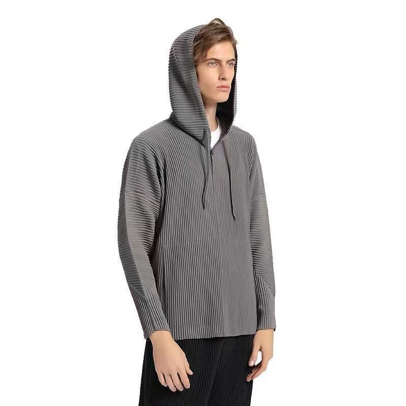 Japanese Miyake style classic pleated JK110 hooded sweatshirt loose casual simple drawstring pullover hoodie menswear