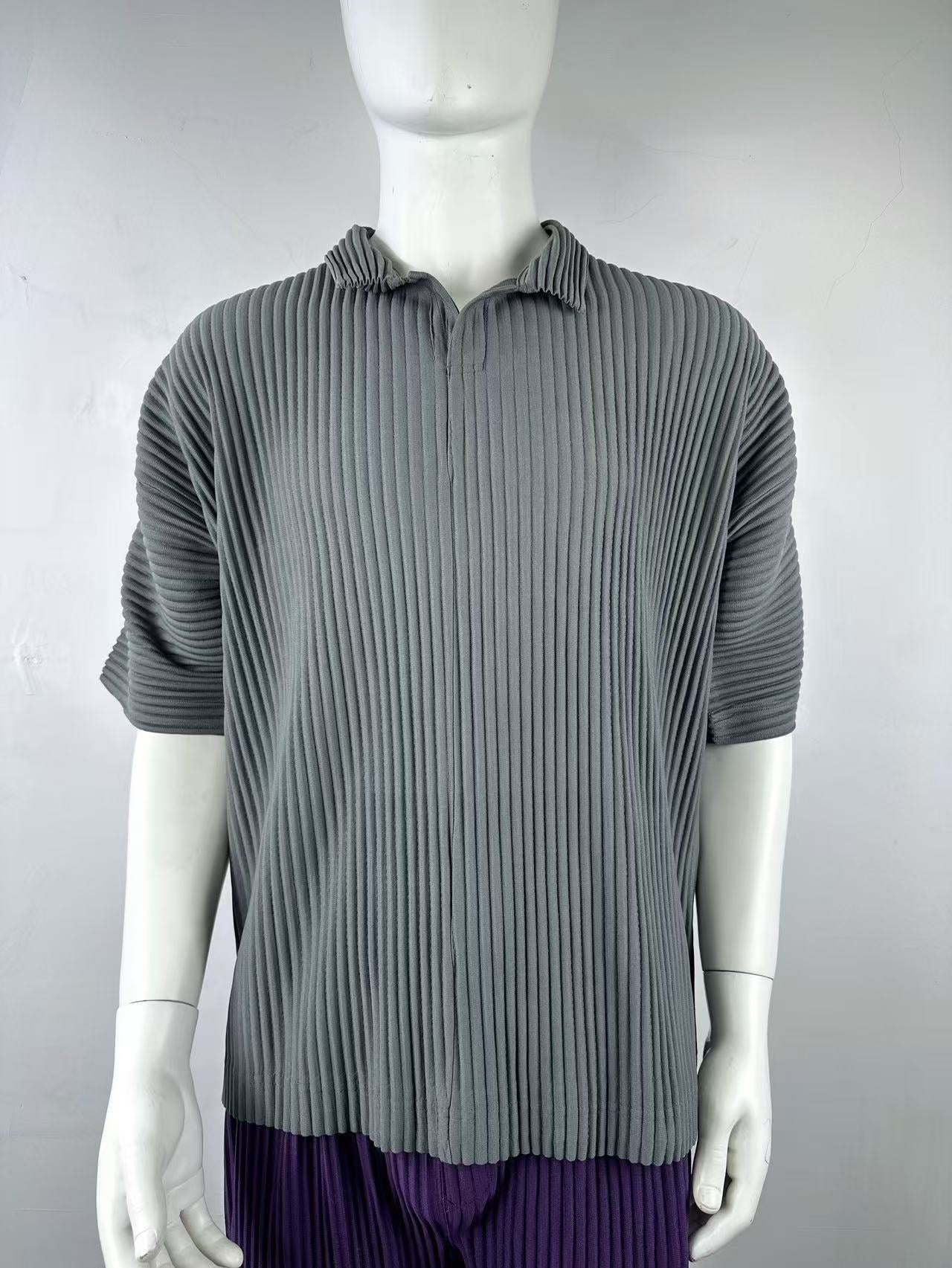 Miyakemen's pleated polo shirt men's short sleeve pressed pleated lapels summer breathable loose casual solid color JM030