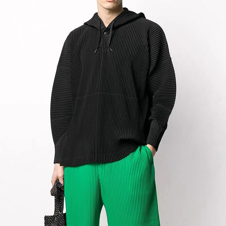 Japan Miyake classic pleated JK110 hooded sweatshirt loose casual simple drawstring pullover hoody men