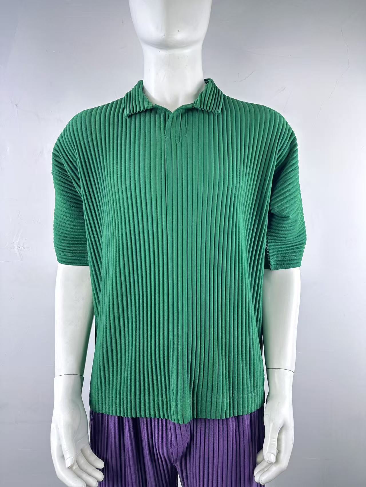 Miyakemen's pleated polo shirt men's short sleeve pressed pleated lapels summer breathable loose casual solid color JM030
