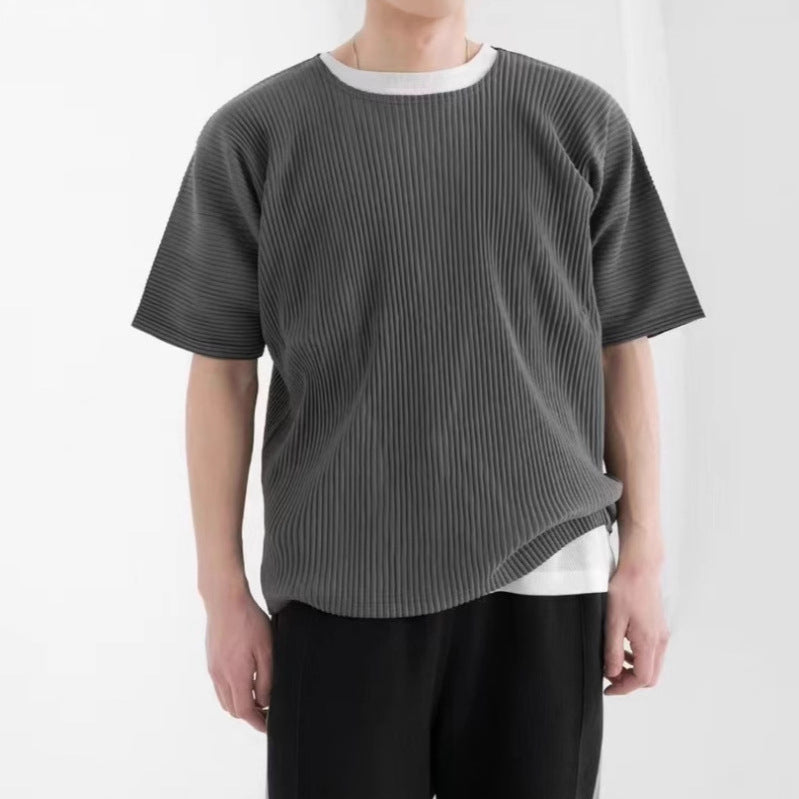 Miyake Garage pleated men's crew neck short sleeve top loose casual five-quarter sleeve solid color summer T-shirt JK020