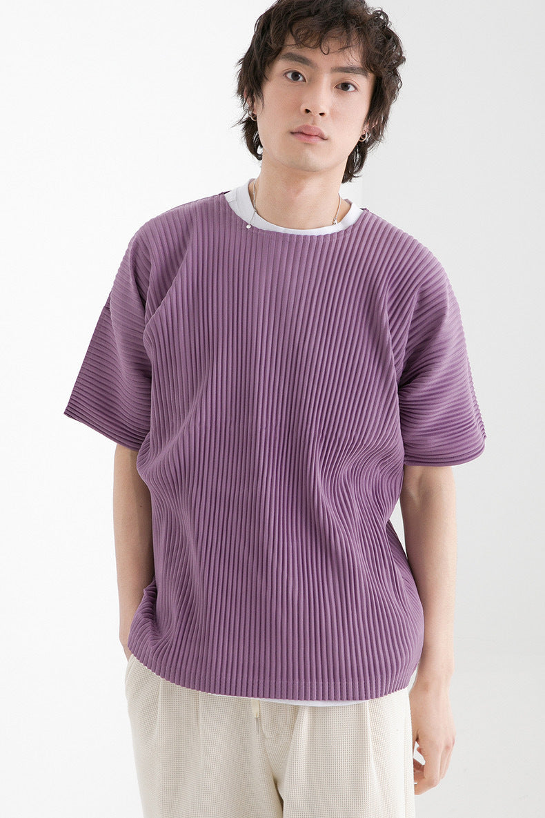 Miyake Garage pleated men's crew neck short sleeve top loose casual five-quarter sleeve solid color summer T-shirt JK020
