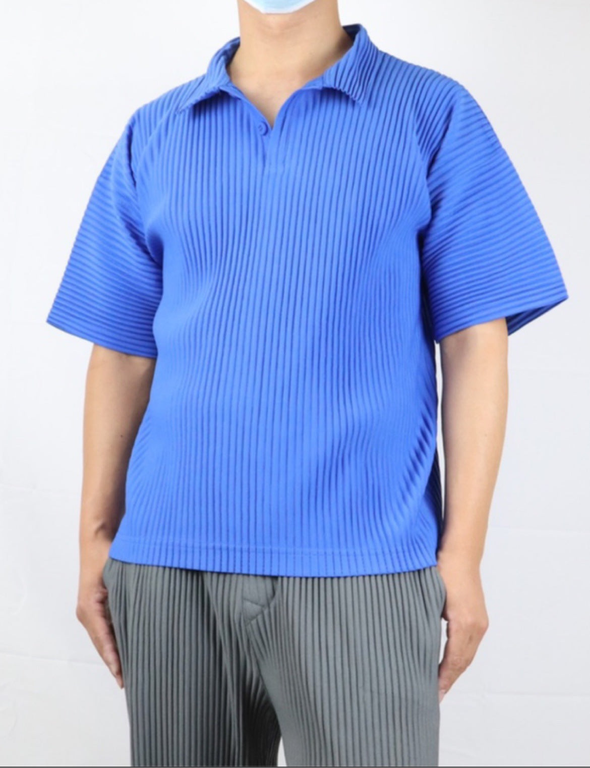 Miyakemen's pleated polo shirt men's short sleeve pressed pleated lapels summer breathable loose casual solid color JM030