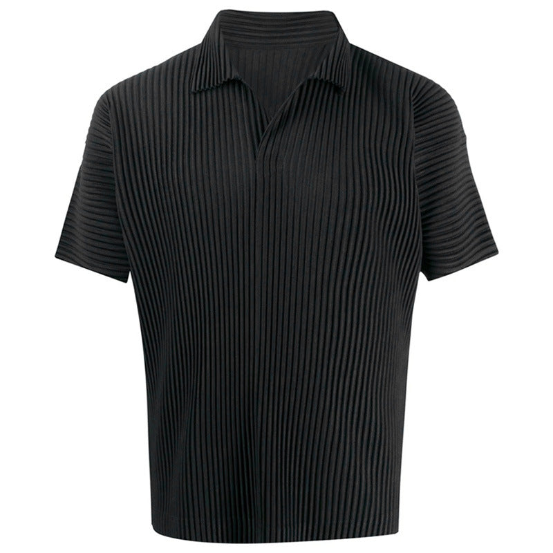 Japanese Miyake-style pleated top JM030 loose lapel versatile casual short sleeve t-shirt polo shirt men's trend