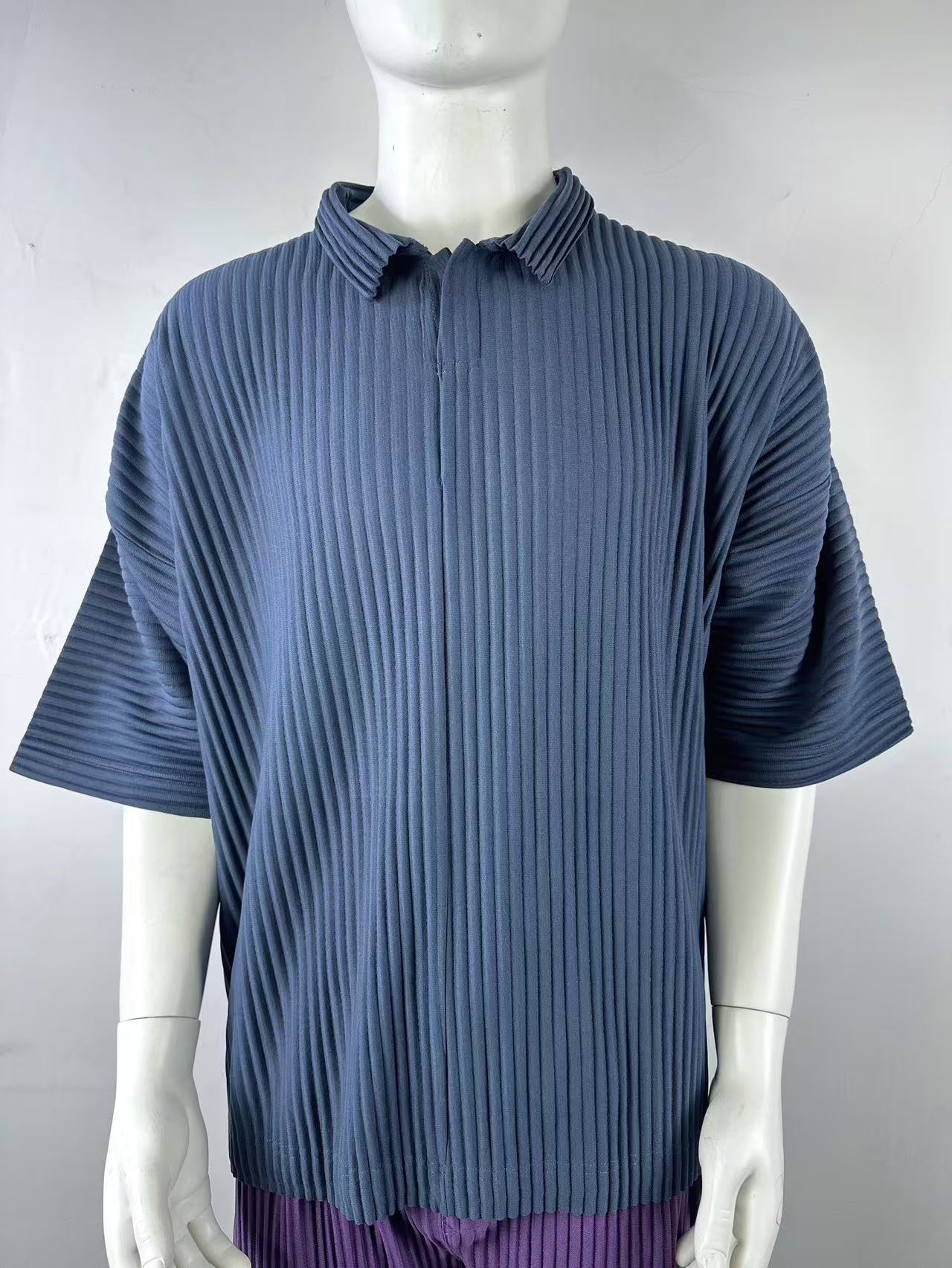 Miyakemen's pleated polo shirt men's short sleeve pressed pleated lapels summer breathable loose casual solid color JM030