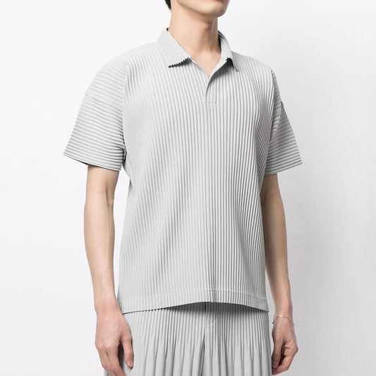 Japanese Miyake-style pleated top JM030 loose lapel versatile casual short sleeve t-shirt polo shirt men's trend