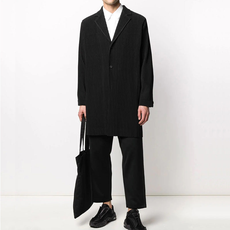 Japanese Miyake style pleats JD202 autumn and winter casual drape mid-length suit trench coat men's trend